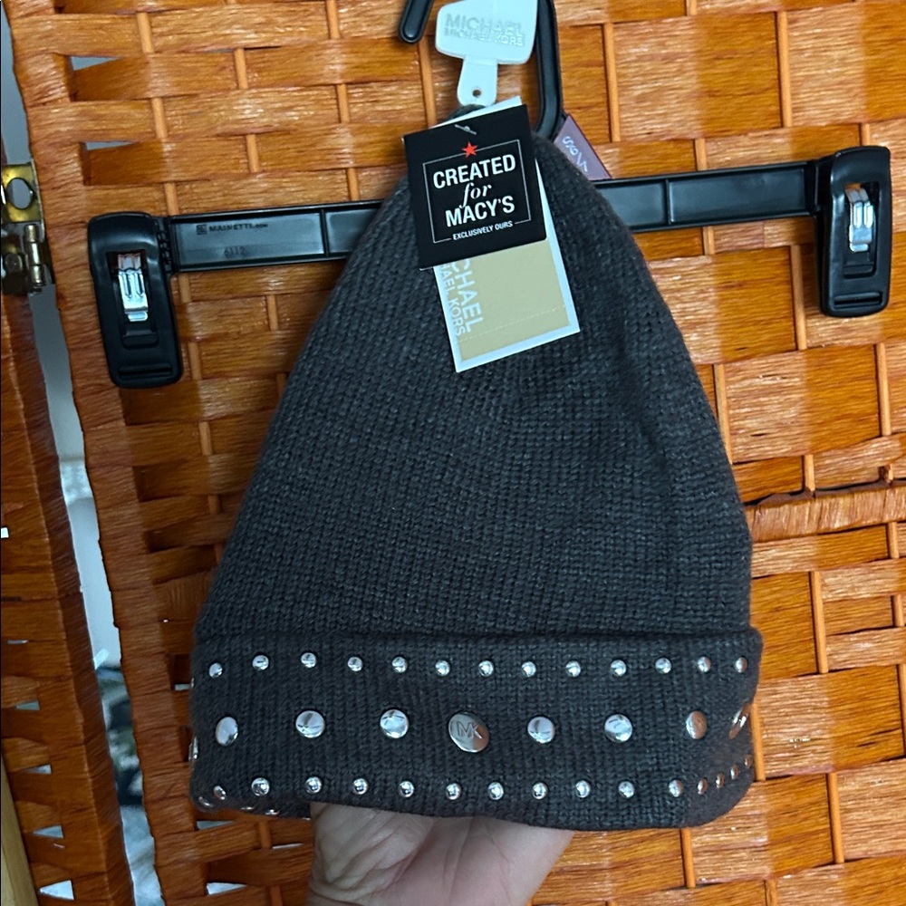 Michael Kors Grey Knit Beanie with Silver Metal Accents